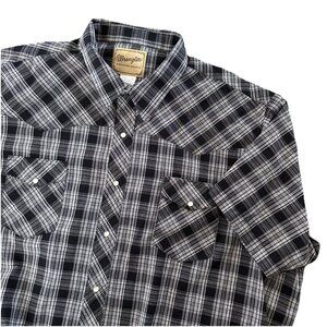 Wrangler Western Pearl Snap Black Plaid 3XL Short Sleeve Button Rodeo Cowboy